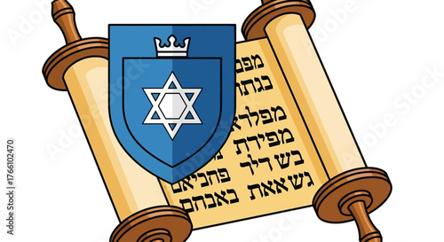 Illustration of a Torah scroll with a Star of David shield, representing Judaism.