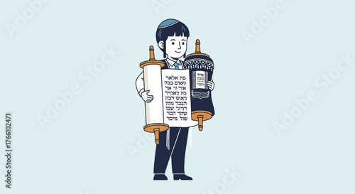 Illustration of a Jewish boy holding a Torah scroll, wearing a kippah.