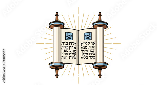 An illustration of an open Torah scroll with Hebrew text and radiating lines.