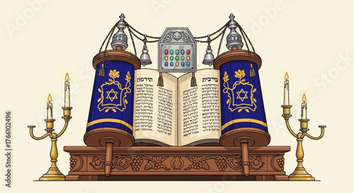 Illustration depicting a Torah scroll, candles, and other religious elements, with intricate details.