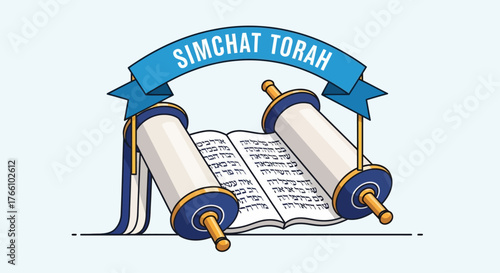 Simchat Torah scroll illustration with blue banner and gold accents.