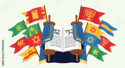 An open Torah scroll surrounded by the colorful flags and banners of the Twelve Tribes of Israel.