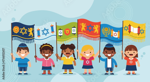Diverse children holding flags with Jewish symbols celebrating a holiday or religious event with joy.