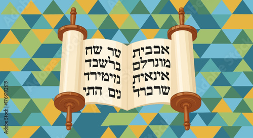 Illustration of an open Torah scroll with Hebrew text against a geometric background.