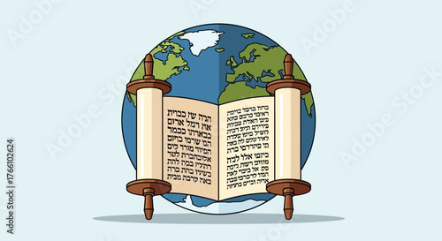 A Torah scroll is unfurled in front of a globe, symbolizing the global reach of Jewish teachings and heritage.