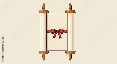 An ancient parchment scroll with wooden handles, tied with a red ribbon bow.