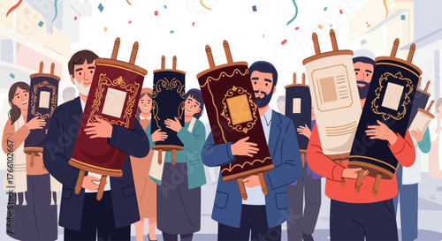 Illustration of a group of people holding Torah scrolls during a religious celebration.