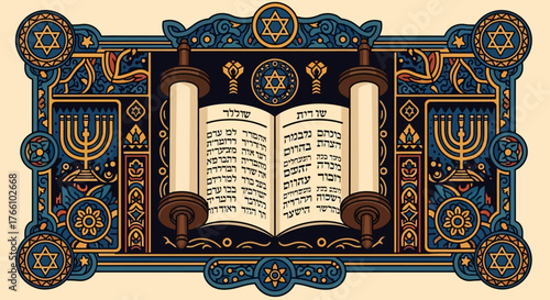 Ornate illustration of an open Torah scroll with menorahs and Stars of David.