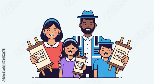 A happy, diverse Jewish family of four holding Torah scrolls and smiling together in a modern illustration style.