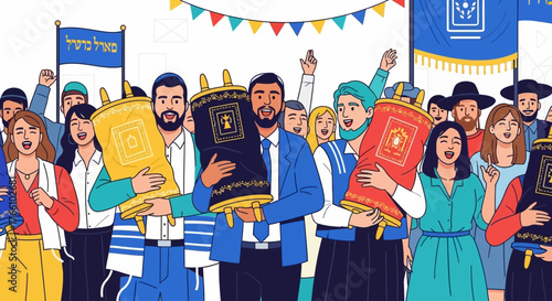 A diverse group of Jewish people joyfully holding Torah scrolls during a celebration, with festive banners and flags in the background.