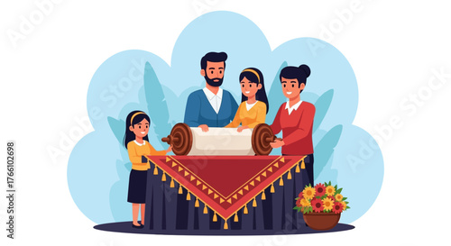Family gathering around a Torah scroll, celebrating a religious ceremony with joy and togetherness.