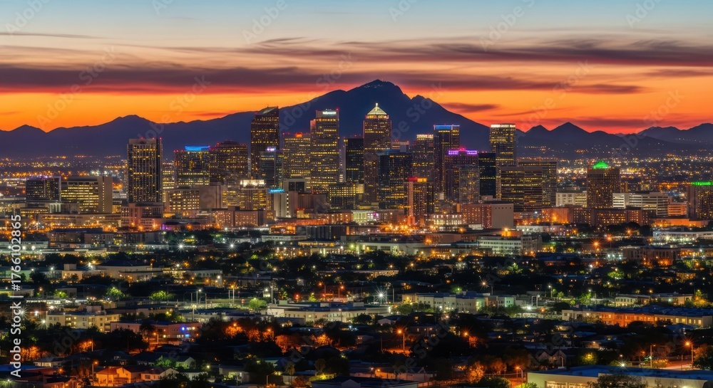 Obraz premium Majestic panorama showcasing phoenix arizona skyline during vibrant sunset illumination, captivating
