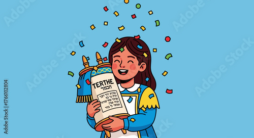 Girl holding Torah scroll with confetti falling on her.