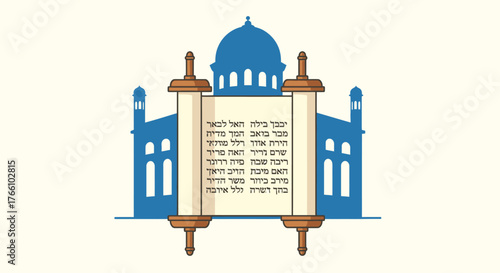 A stylized illustration of a Torah scroll with Hebrew text, set against a blue silhouette of a synagogue, representing Jewish culture and religion.