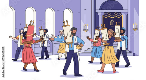 Illustration of people celebrating with Torah scrolls inside a synagogue, a religious ceremony.