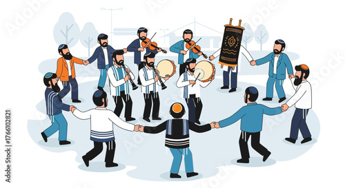 Jewish men dancing in a circle with musicians and a Torah scroll.