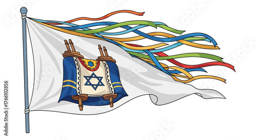 Illustration of a white flag with a Torah scroll and colorful ribbons blowing in the wind.