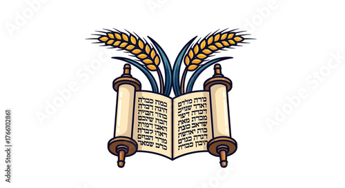 Open Torah scroll with wheat stalks, religious symbol illustration.
