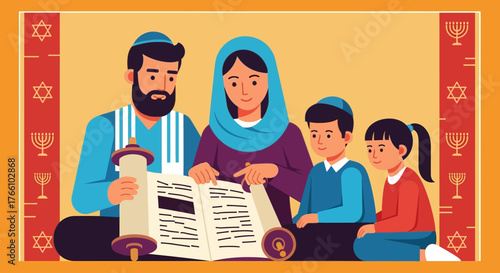 An illustration of a Jewish family with parents and two children sitting together, reading and learning from an open Torah scroll.