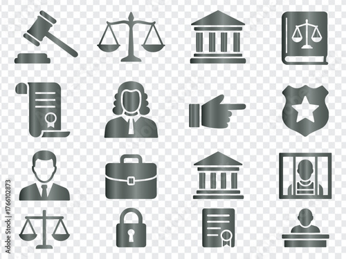 Law Justice Legal System Courtroom And Judgment Vector Icons Set
