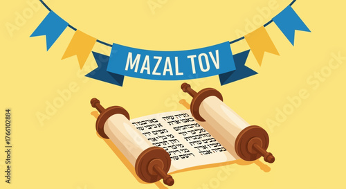 Illustration of a Torah scroll with the words 'Mazal Tov' on a banner, celebrating a Jewish event.