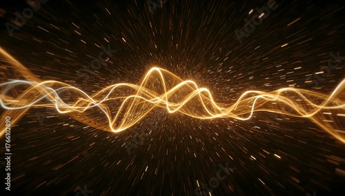 Wide-angle close-up of golden and white luminous light trails twisting across dark background, elegant modern data transmission concept.
