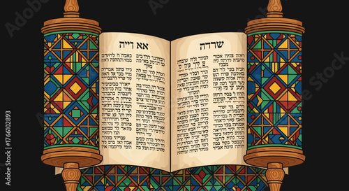 Open Torah scroll with Hebrew text and colorful decorative handles.