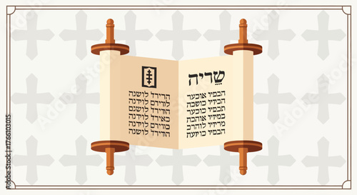 An illustration of a Torah scroll unfurled, displaying Hebrew text and symbols against a backdrop of repeating Christian crosses.