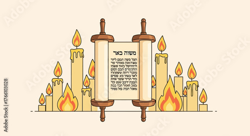 Illustration depicting a Torah scroll flanked by lit candles, symbolizing religious observance and tradition.