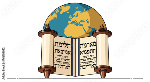 An open Torah scroll is displayed in front of a globe, symbolizing the global reach of Jewish teachings and scripture.