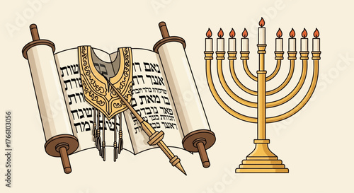 Illustration depicting a Torah scroll with a decorative pointer and a menorah with lit candles.