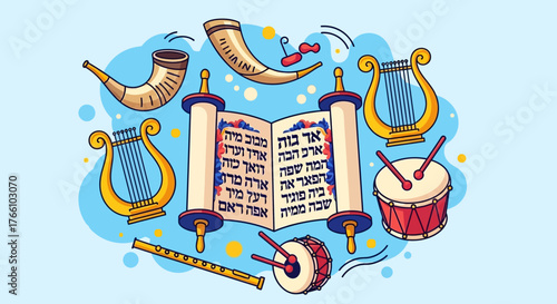 An open Torah scroll surrounded by traditional Jewish musical instruments like shofars, lyres, and drums.