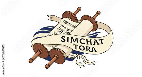 Illustration of a Torah scroll with a banner that reads "Simchat Torah" wrapped around it, symbolizing a Jewish holiday.