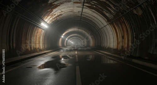 Eerie illuminated tunnel with reflective puddles, hinting at unseen journeys through forgotten