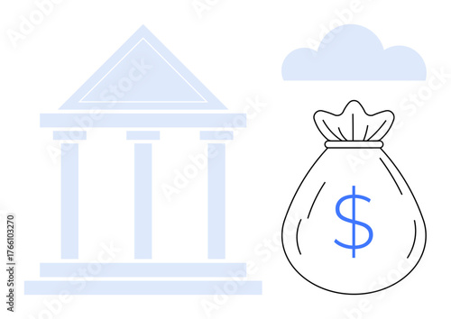 Government building beside a money bag with a dollar sign illustrating finance, budgeting, wealth. Ideal for economics, savings, investment, banking, taxes public funds. Clean simple flat metaphor