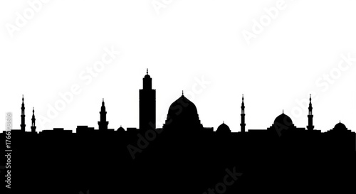 Silhouette of a city skyline featuring mosques and minarets against a white background in a simple design