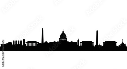 Silhouette of washington dc skyline featuring monuments and government buildings in a single horizontal line