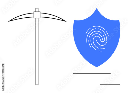 Pickaxe symbolizing data mining alongside shield with fingerprint representing digital security. Ideal for cybersecurity, technology, blockchain, hacking, authentication, cryptography, and network