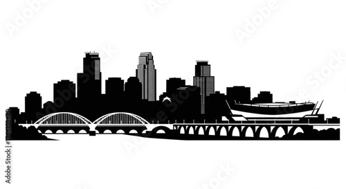 Black silhouette of a city skyline with bridges and a stadium on a white background scene view