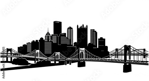 Silhouette of pittsburgh cityscape with bridges over water and buildings in the background against white sky