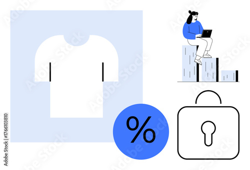 T-shirt graphic, discount percentage icon, secure lock, and seated person on bar graphs using a laptop. Ideal for e-commerce, security, retail, discounts, analytics marketing and online shopping