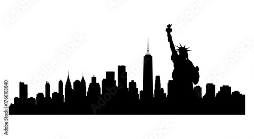 Silhouette of the new york city skyline including the statue of liberty and various skyscrapers in black