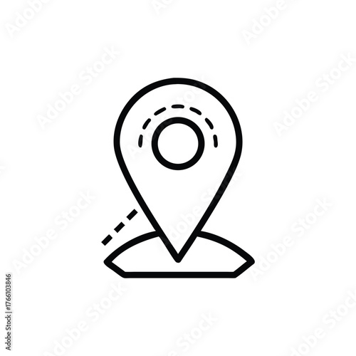 Black outline icon of a location pin with dashed lines indicating a path navigation travel