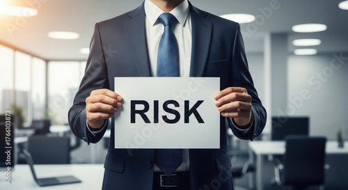 Professional holding a sign that says risk in a modern office environment.