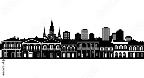 Silhouette of a cityscape with buildings and architectural details in black and white style illustration
