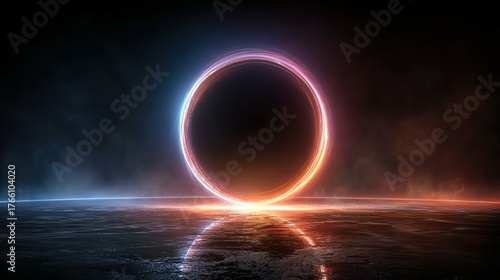 Luminous Portal: Circular Light Ring Reflecting on Dark, Wet Surface