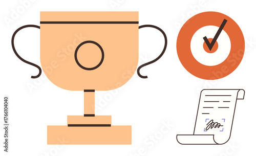 Trophy, target with checkmark, and signed contract highlight success, goals, and accomplishments. Ideal for leadership, recognition, achievement teamwork validation success motivation. Simple