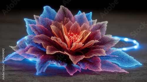 Ethereal Luminous Flower with Intricate Veins and Neon Blue Light Accents