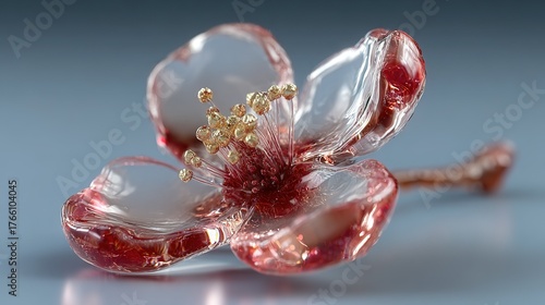 Shimmering Glass Flower with Golden Core, Delicate Petals on Soft Blue