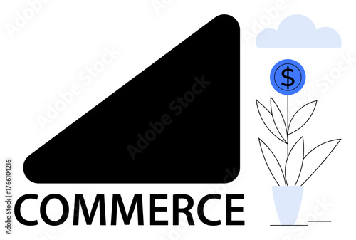 Simplified commerce text with growth chart, money flower in a pot, and cloud representing financial growth. Ideal for business, finance, e-commerce, sustainability, investment, economic growth